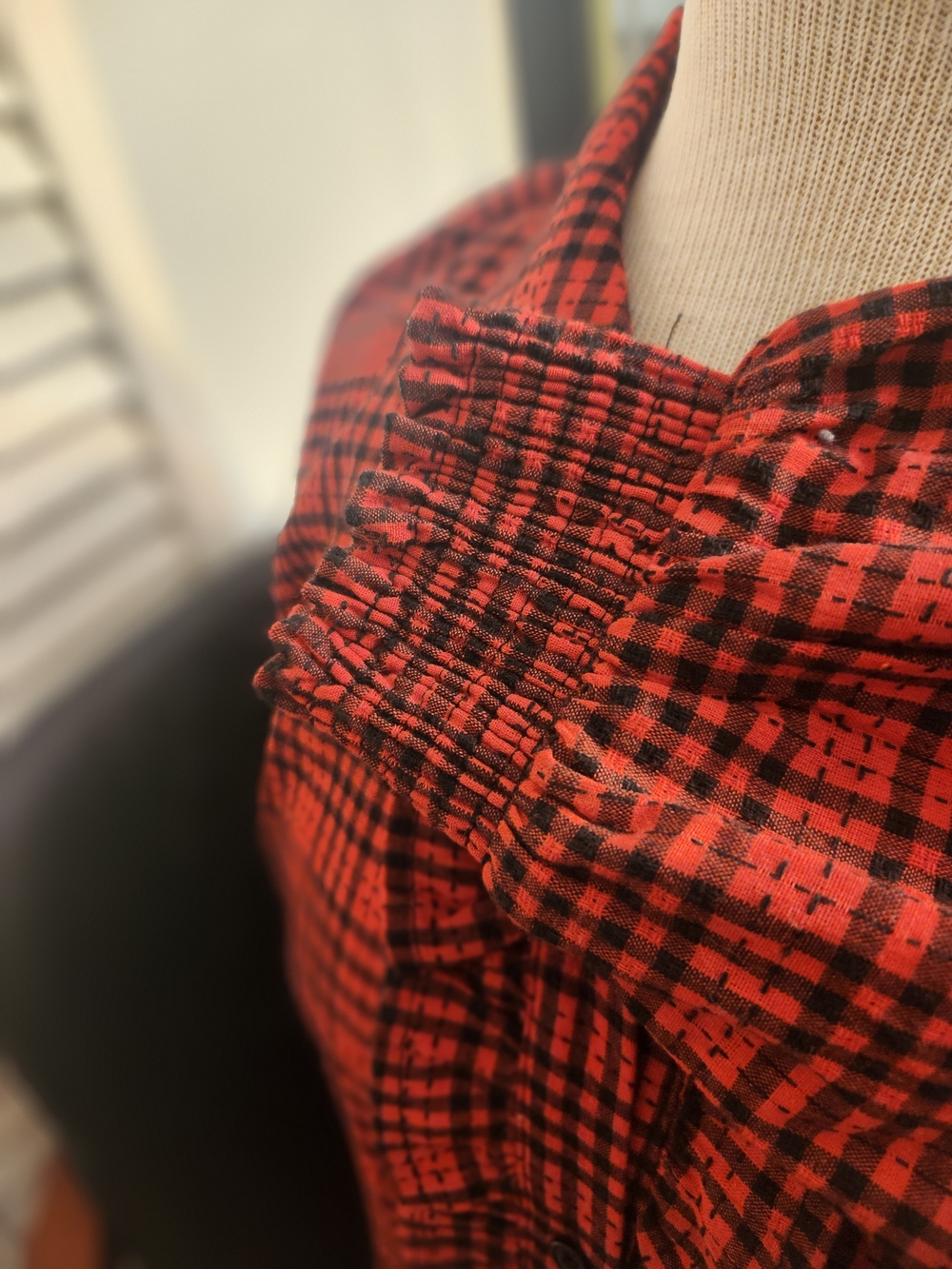 Red Plaid Ruffle Button-Front Women's Shirt - Picture 6 of 8